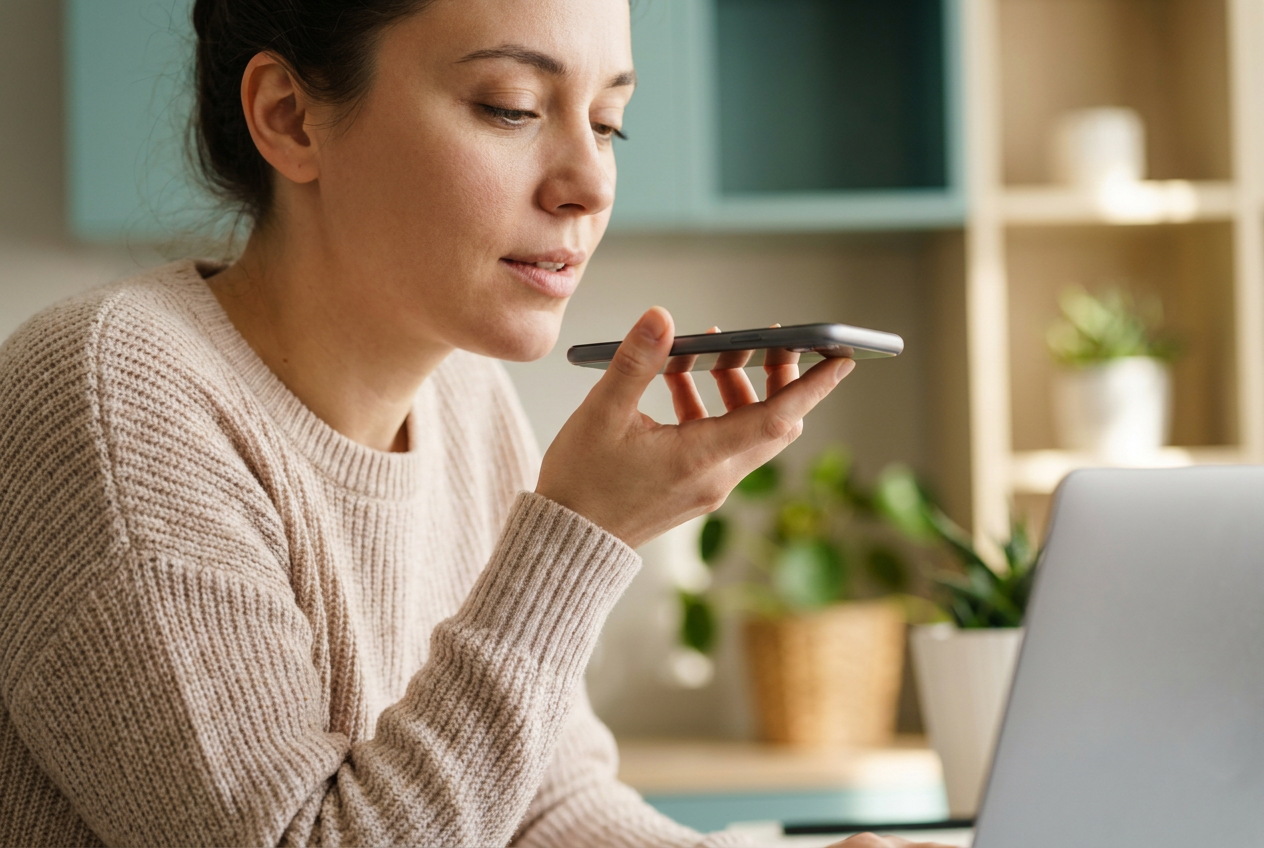 Vrouw in een lichte thuiswerkkamer spreekt rustig een bericht in op haar smartphone, met een laptop en planten op de achtergrond