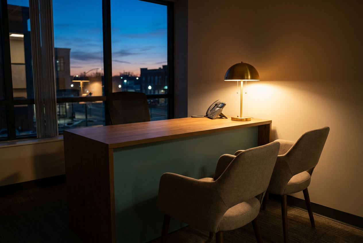 Lege receptiebalie met een bureautelefoon en een warm brandende lamp, met buiten avondlicht over de stad