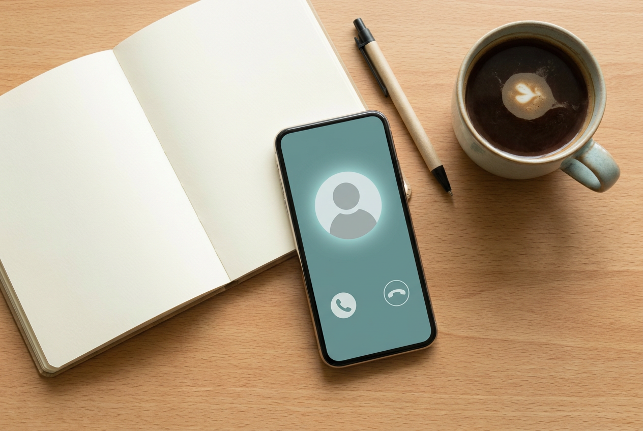 Smartphone op een houten bureau toont een binnenkomende oproep met een groene en rode knop, naast een leeg notitieboek en een kop koffie