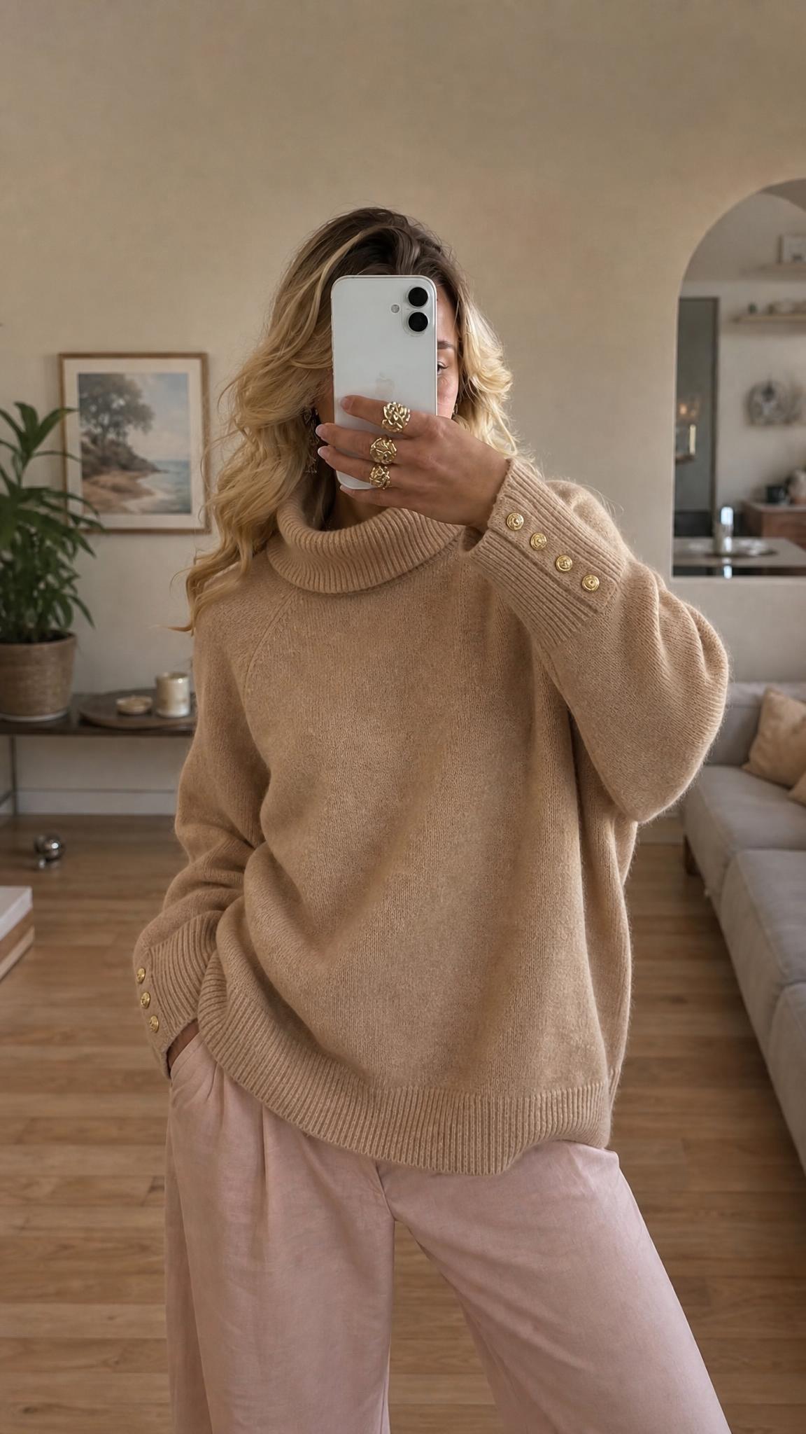 Holland Cooper Camel Funnel Neck Jumper with Gold Buttons New