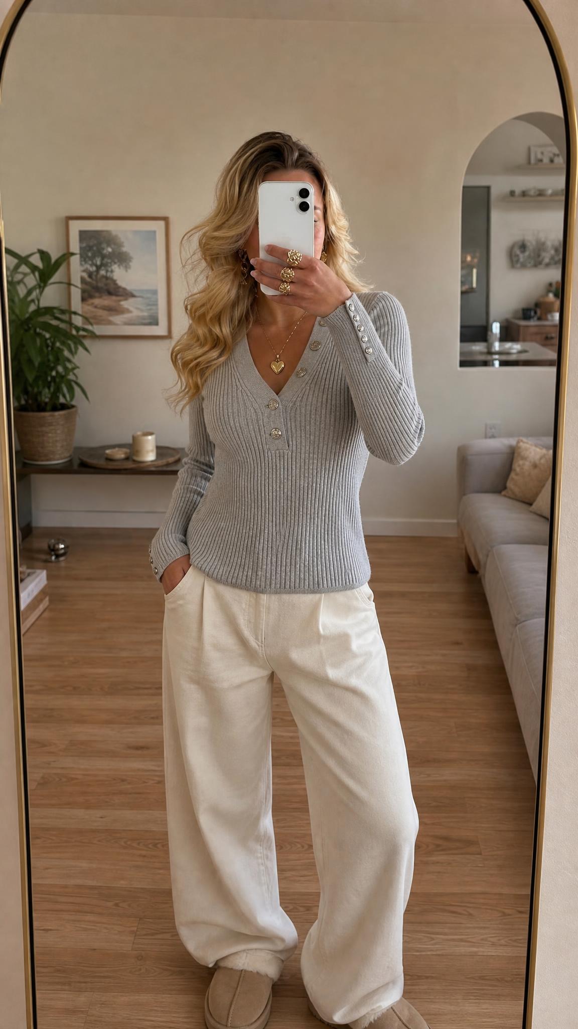 Holland Cooper Ribbed Button-Front Knit Top Grey