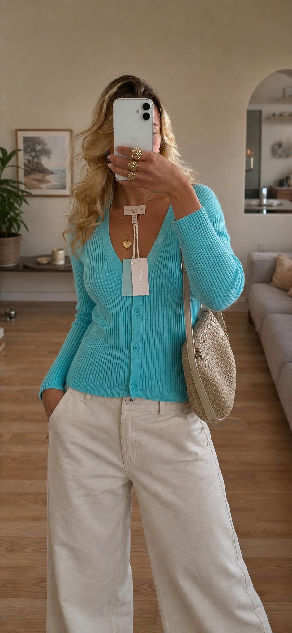 Garnet Hill Turquoise Ribbed Button-Front Cardigan New With Tags