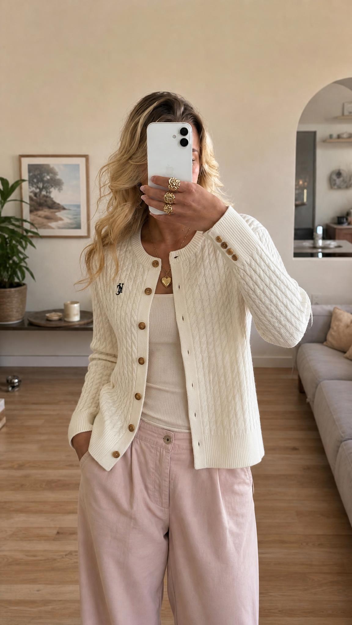 Holland Cooper Cream Cable Knit Cardigan XL Very Good