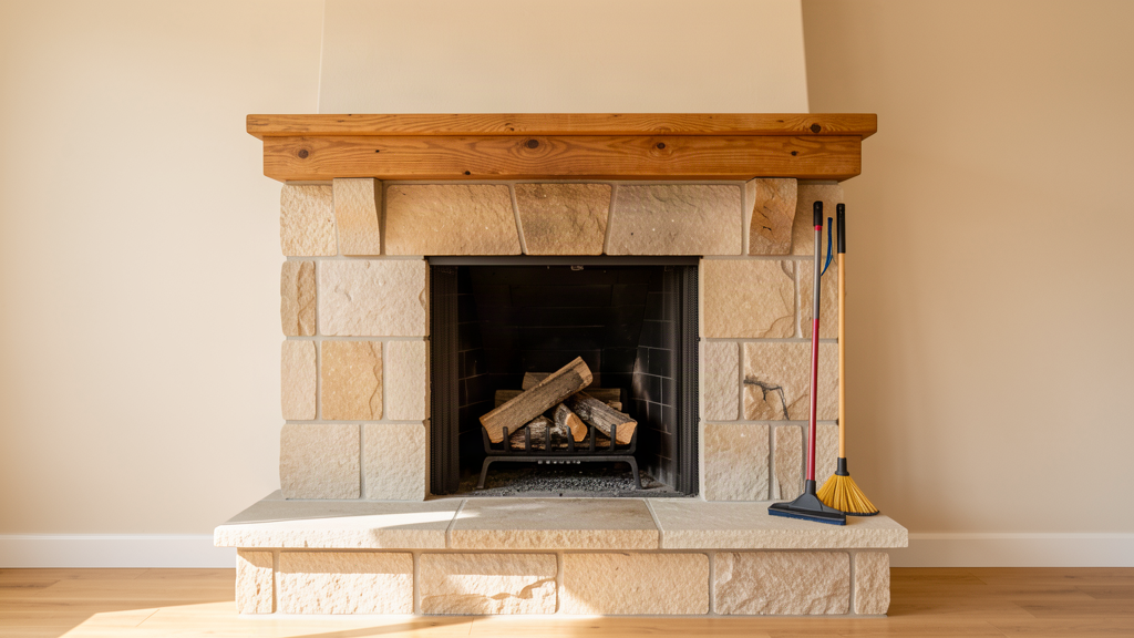 A clean masonry fireplace in a living room with chimney brushes leaning on the stone hearth