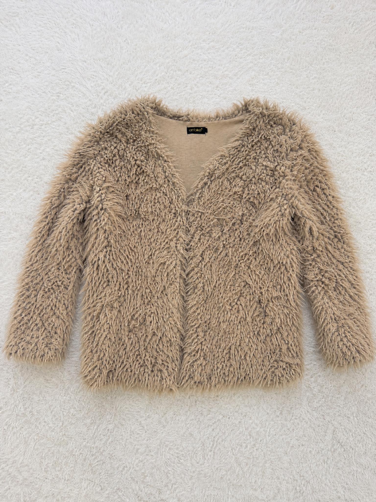 Ambika shaggy faux fur jacket beige open front very good