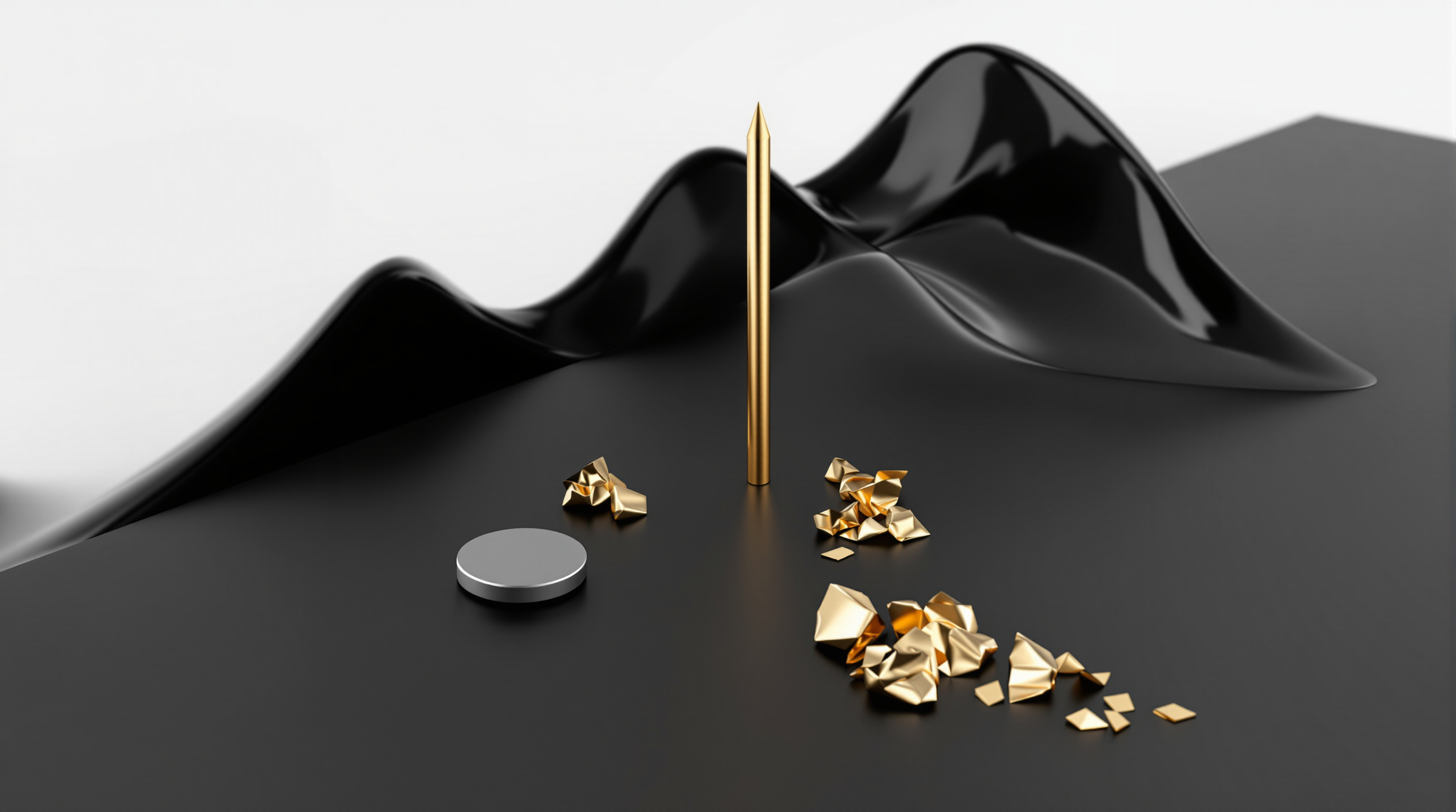 an abstract still life of financial objects: tilted matte-black plane, slender vertical gold spike, crumpled gold plate, glossy black oil wave, and a — editorial cover artwork for the Knightron story on Stocks Fall As Treasury Yields Hit 19 Year High On Iran Impa