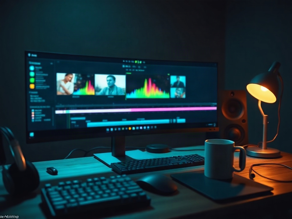 Dark editing suite with a single monitor glowing over a timeline, mid-render