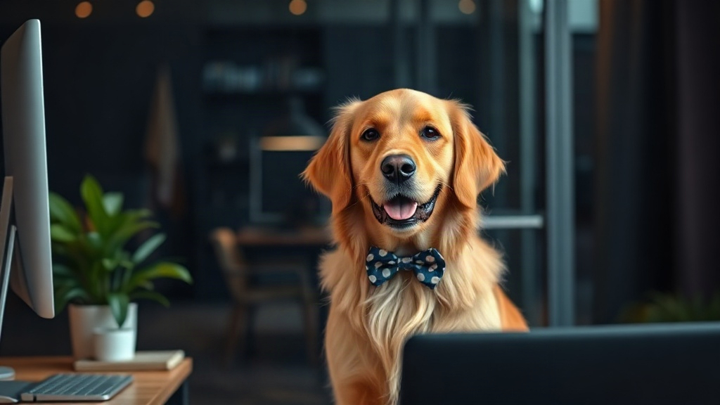 Rex, der sprechende Hund und Inhaber von zack.online, an seinem Schreibtisch