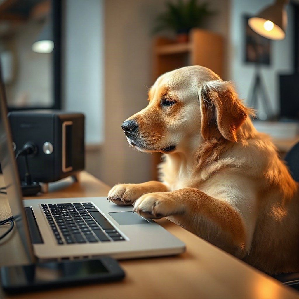 Rex beim Arbeiten am Laptop