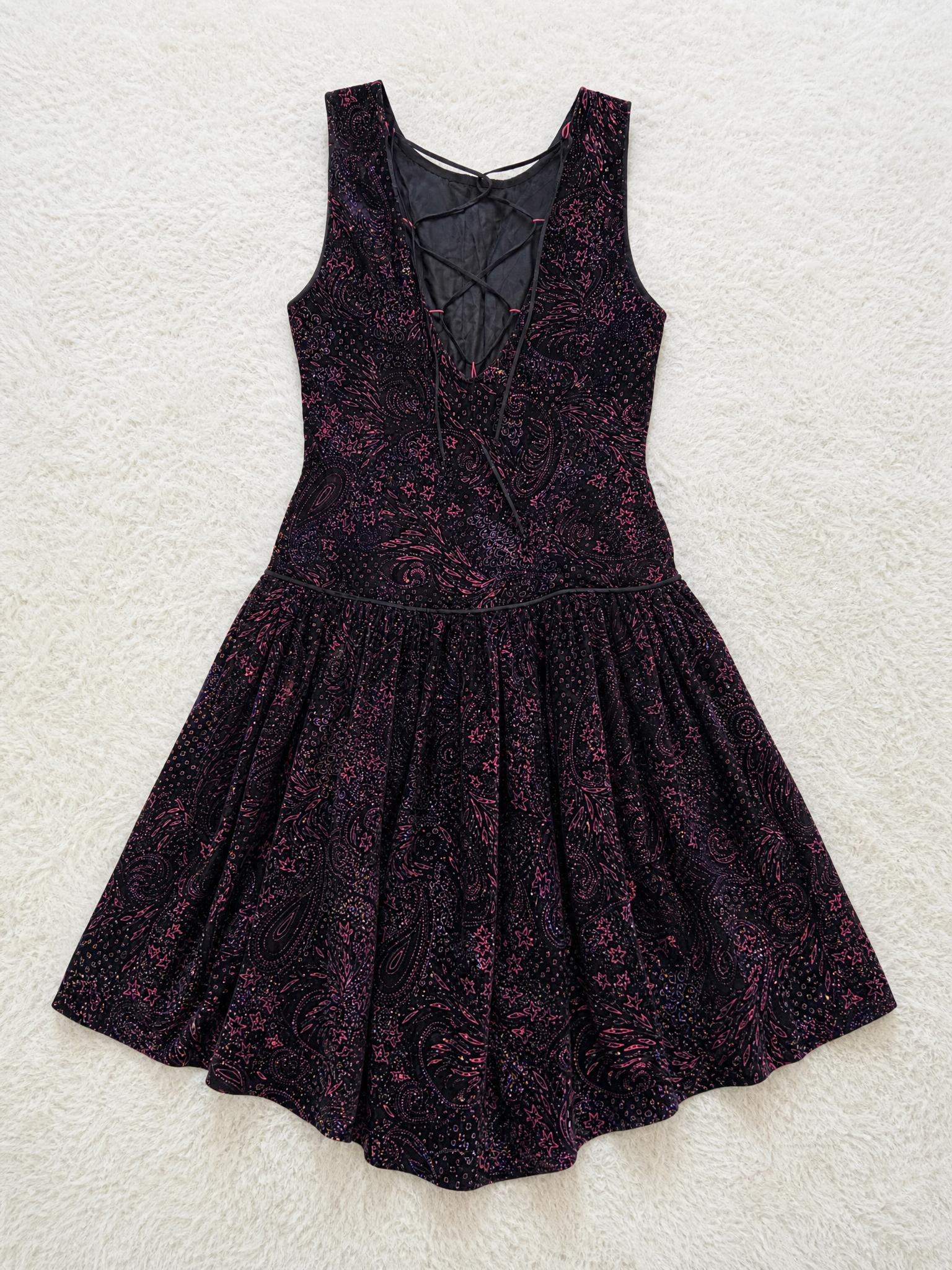 Paisley Floral Lace-Up Back Dress in Black & Pink