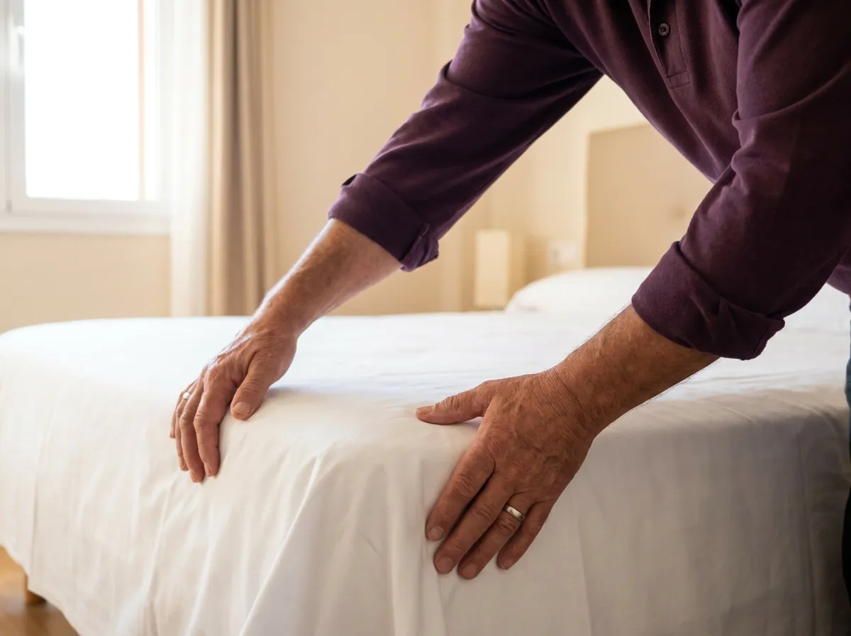 Mani di un operatore che stendono un lenzuolo bianco su un letto matrimoniale