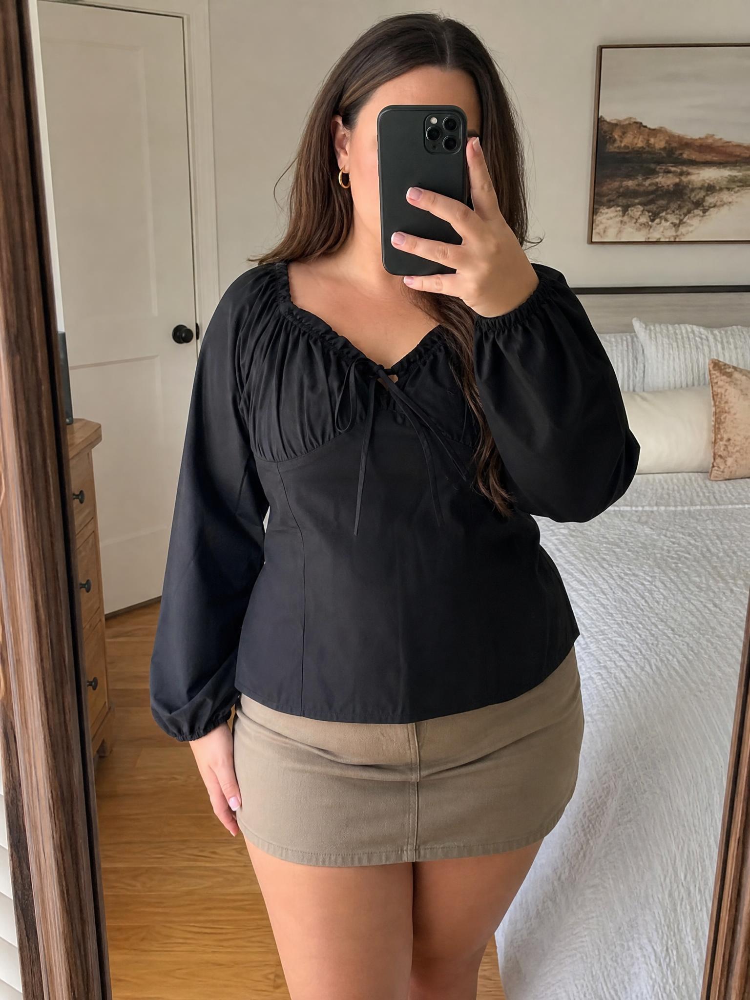 Black Satin-Look Puff Sleeve Tie Front Blouse New With Tags