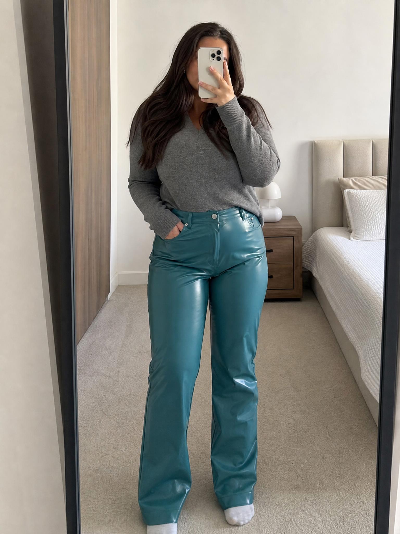 AllSaints teal faux leather wide-leg trousers NWT