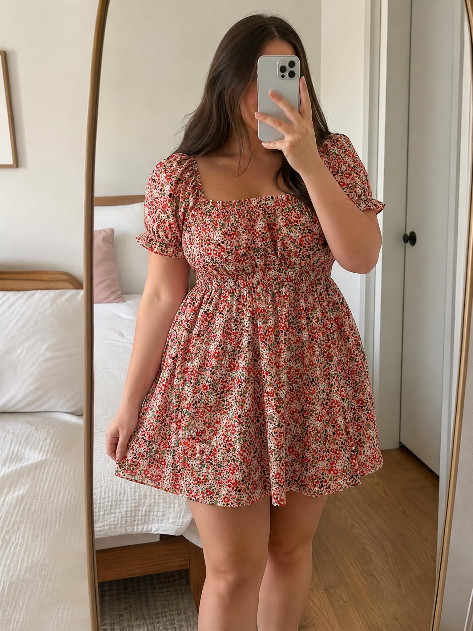 Collective Floral Puff Sleeve Dress with Full Skirt - New
