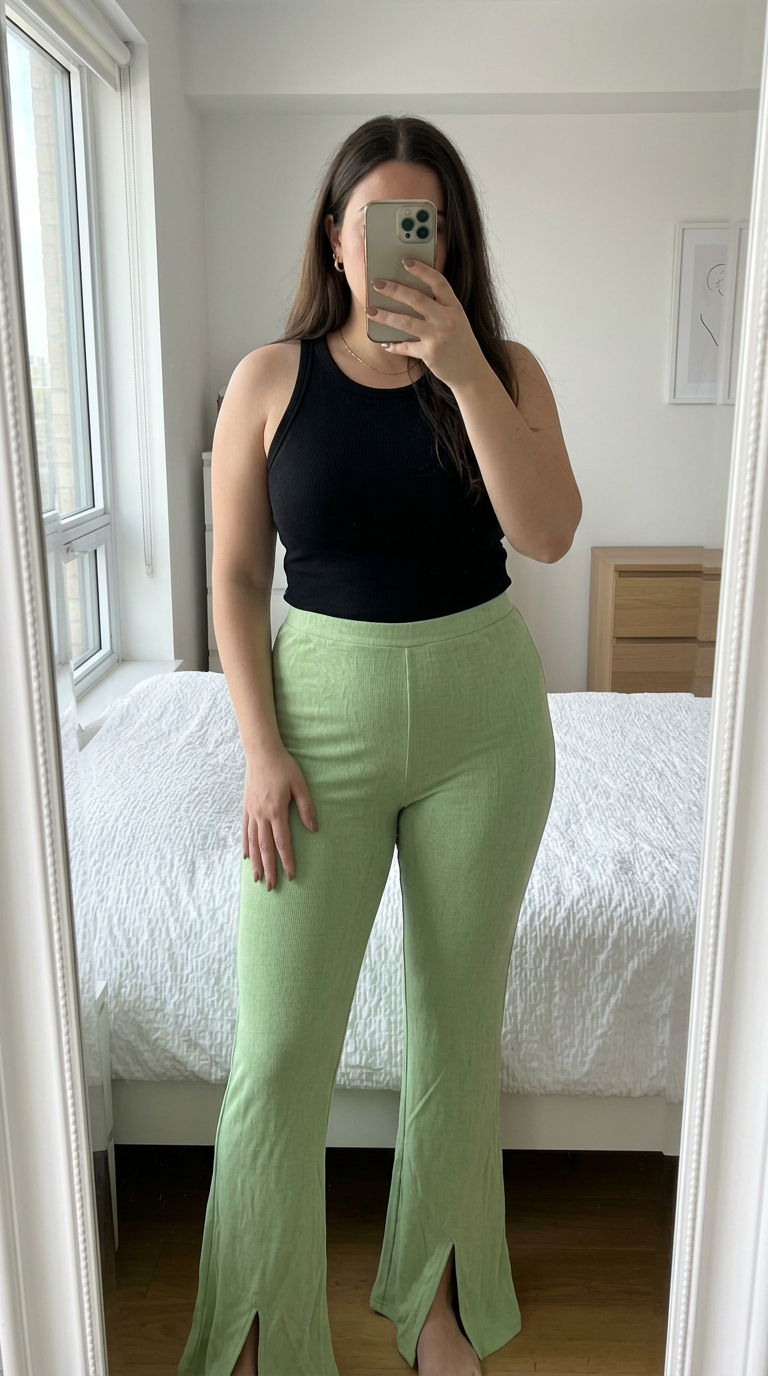 Green Flared Trousers with Elasticated Waist - New