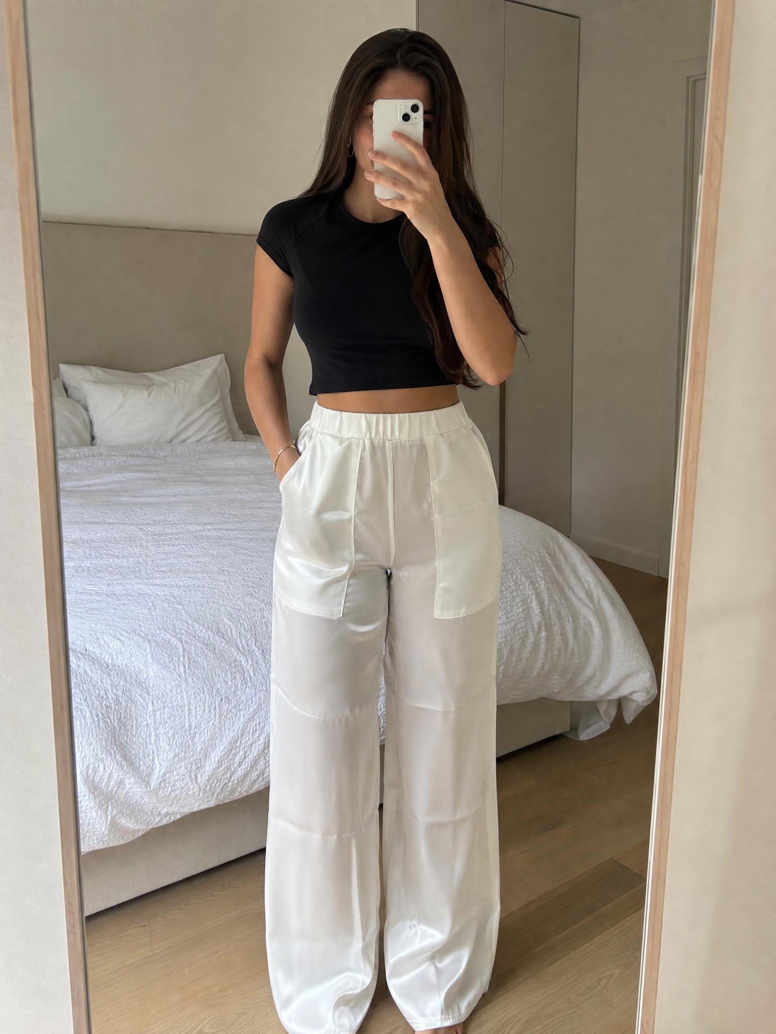 Ivory satin wide-leg trousers with elastic waist – new