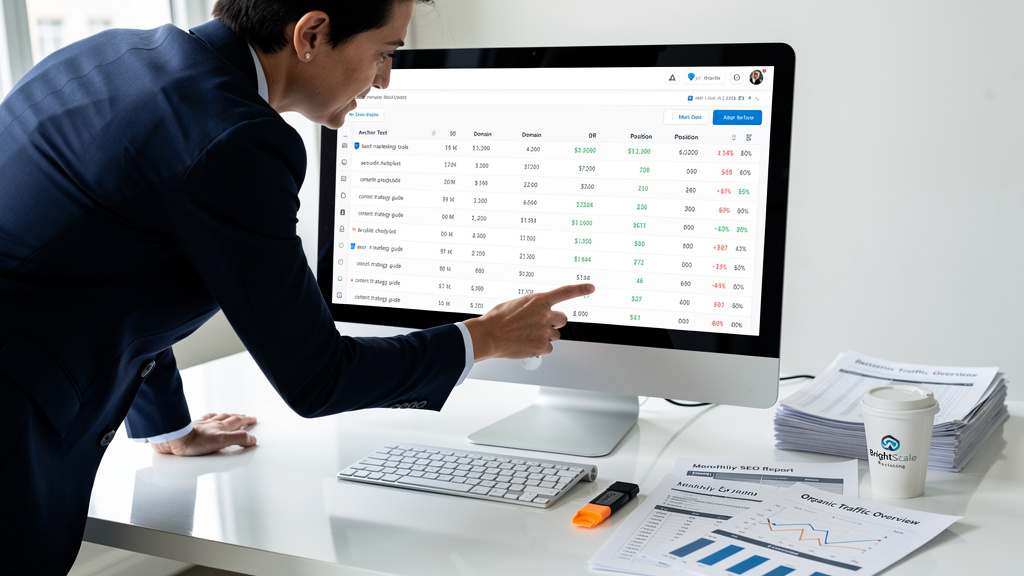 Click to manage / replace image An SEO analyst reviewing a healthy and diversified anchor text profile on a computer screen.
