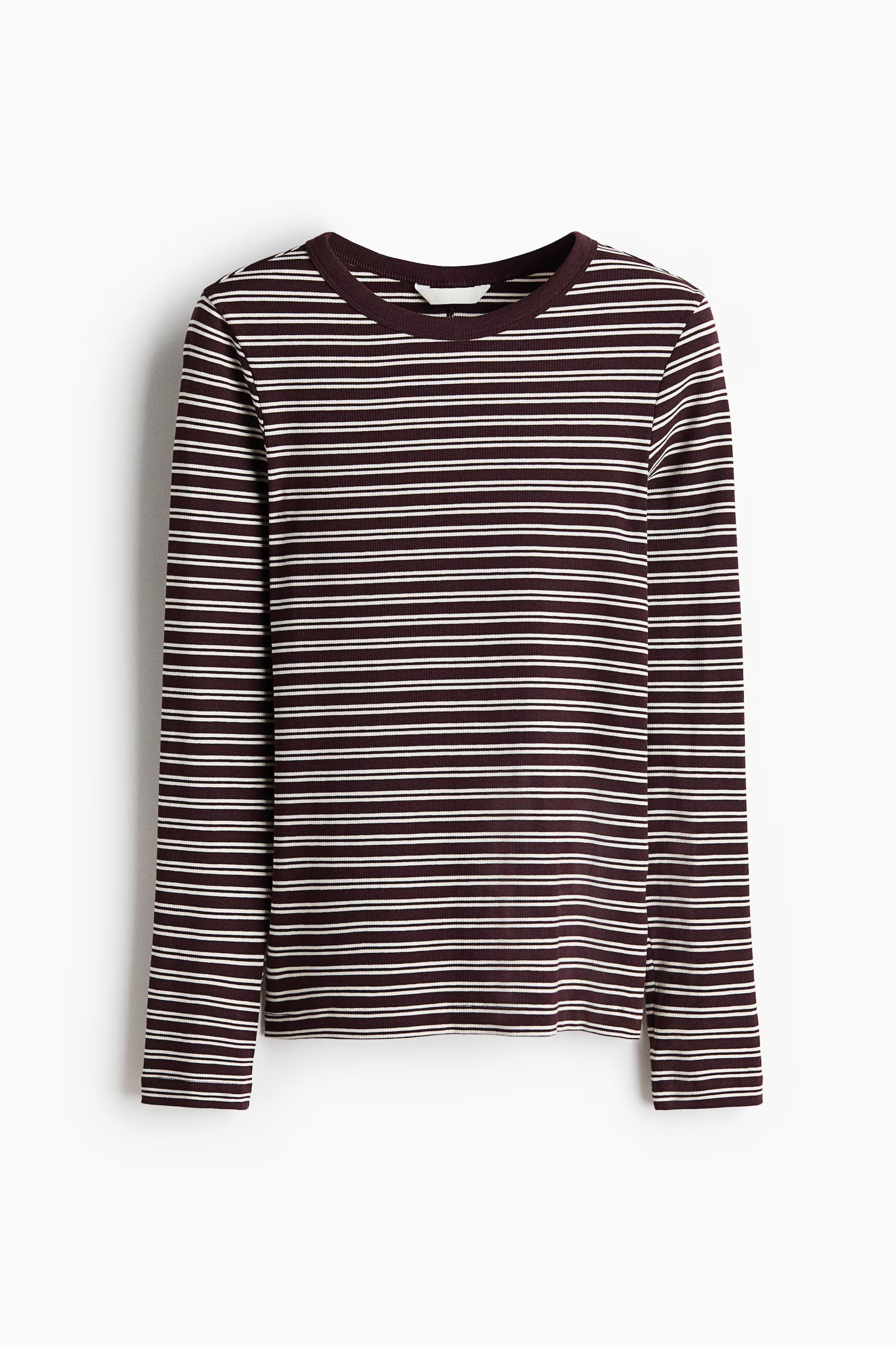 H&M, LONG-SLEEVED RIBBED TOP - Burgundy/Striped