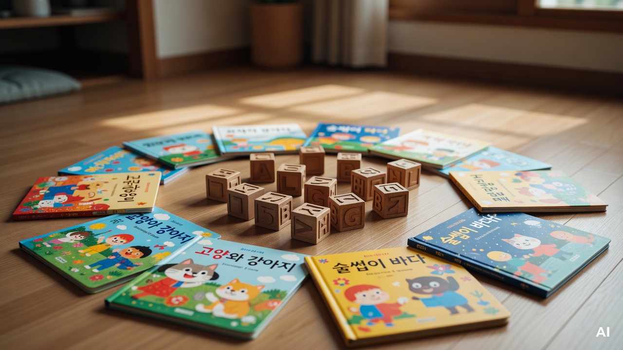 colorful picture books and wooden alphabet blocks arranged on a light-colored floor
