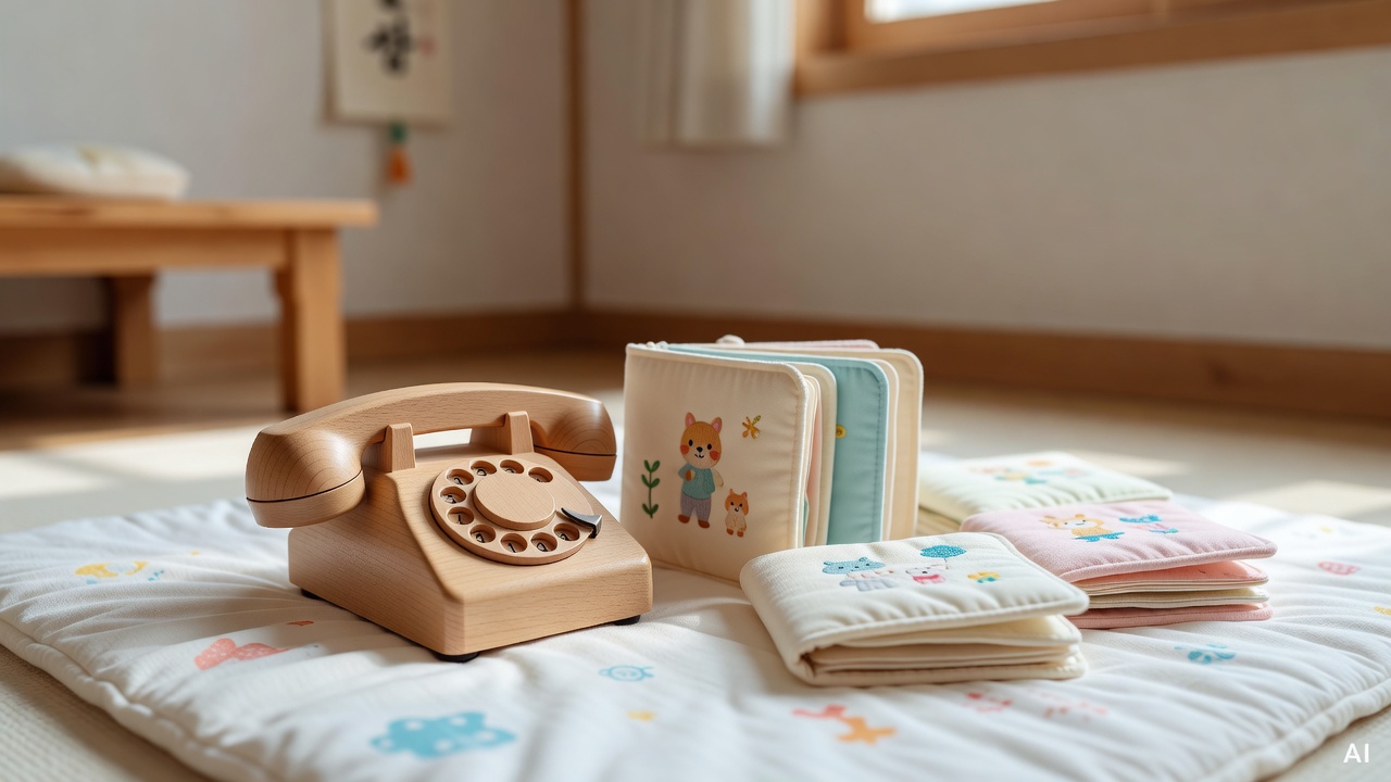 small wooden toy telephone and soft cloth books placed on a white baby play mat