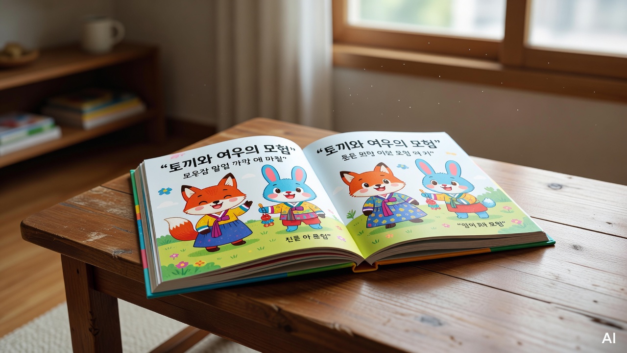 colorful children's picture book open on a wooden table, soft natural light from a nearby window