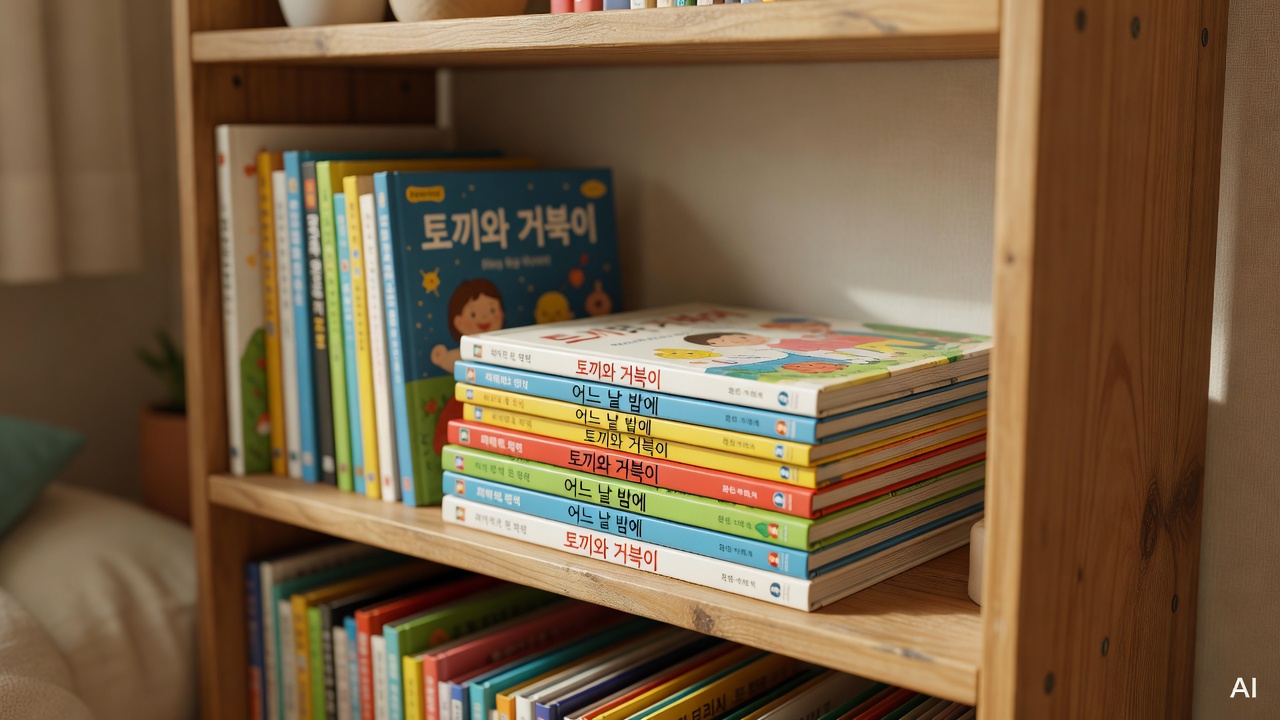 several children's picture books stacked on a wooden bookshelf in a cozy room