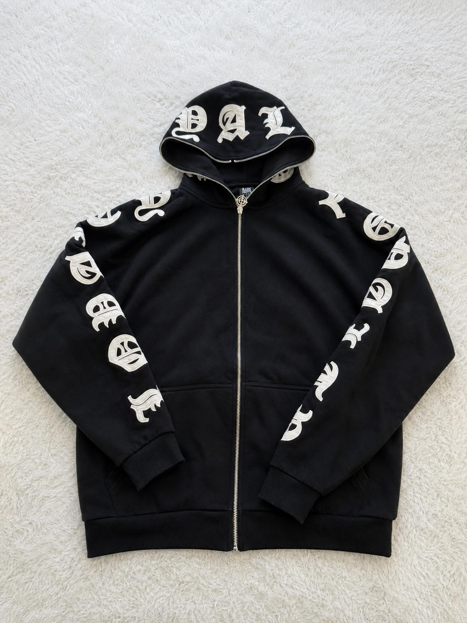 Black Zip-Up Hoodie with Cream Gothic Lettering