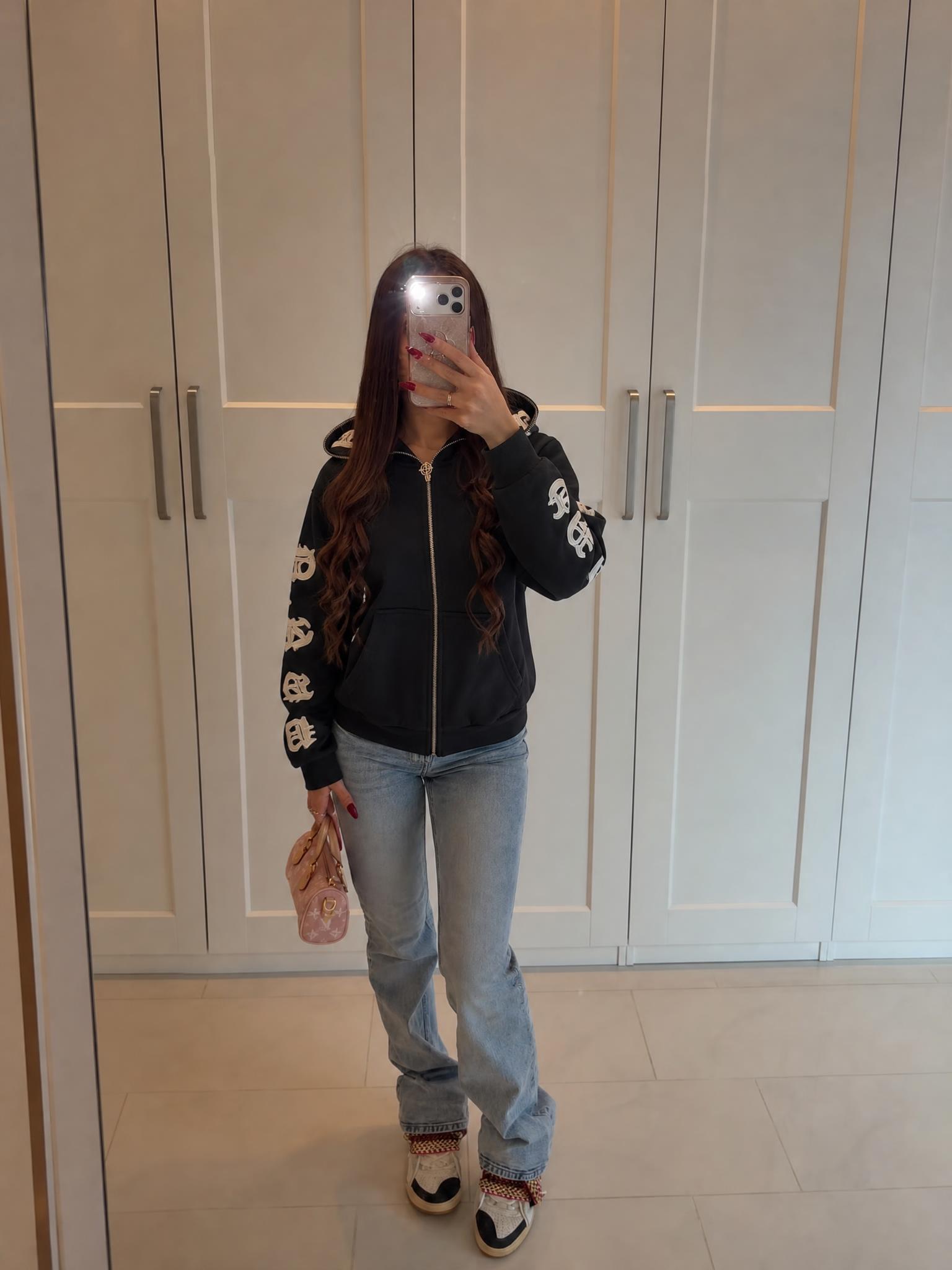 Black Zip-Up Hoodie with Cream Gothic Lettering – Very Good