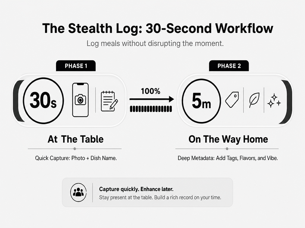 A two-step workflow diagram showing a 30-second capture phase at the table and a 5-minute reflection phase for logging culinary data.