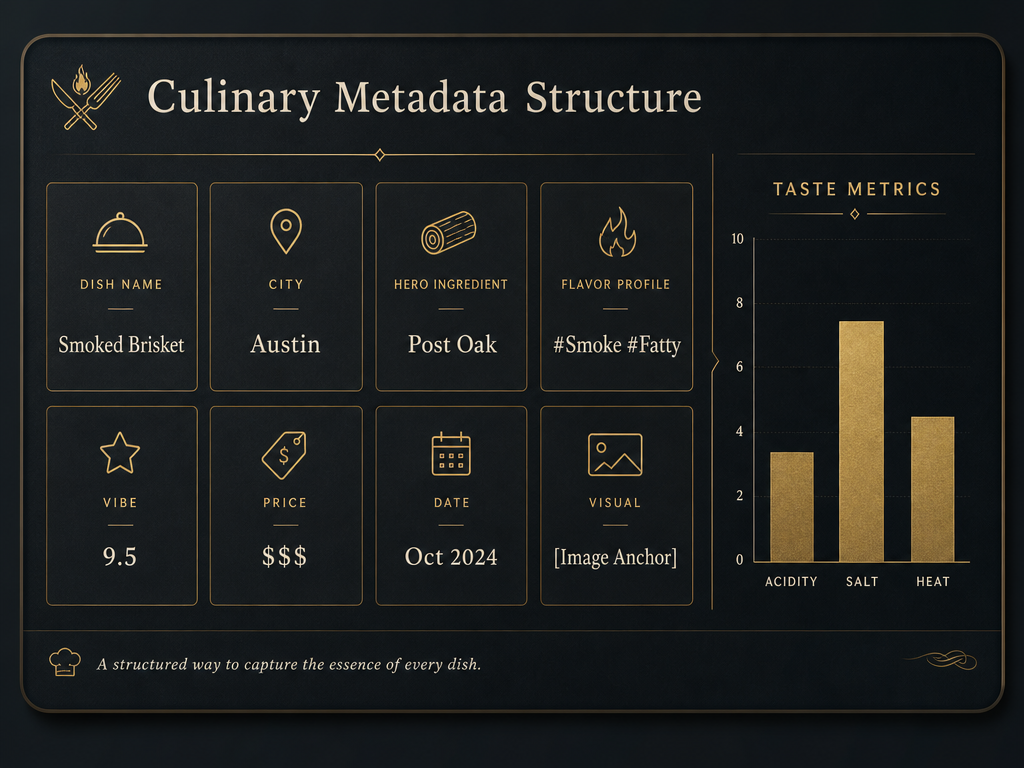 A database schema card showing eight essential data points for food archiving, including dish name, city, hero ingredient, and flavor tags.