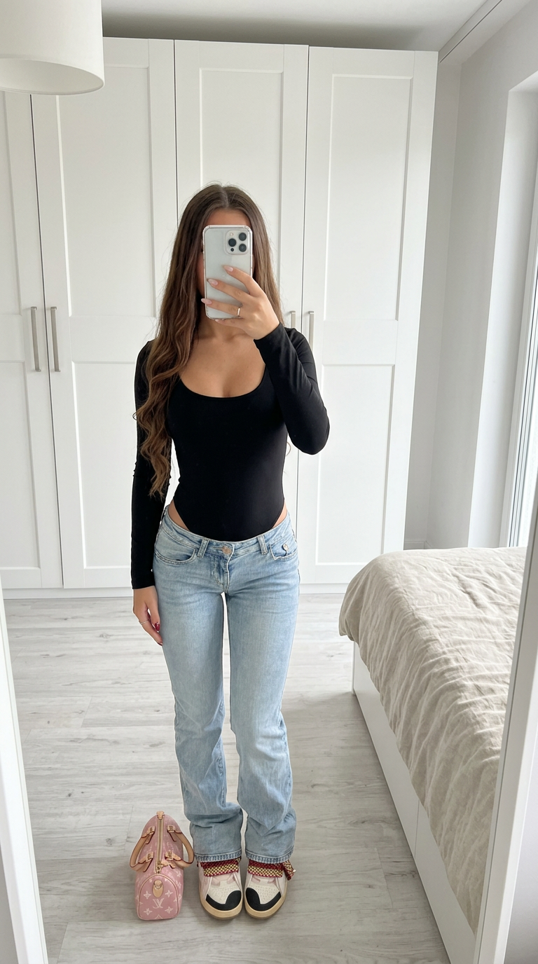 Shein Black Long-Sleeve Scoop Neck Bodysuit Size S