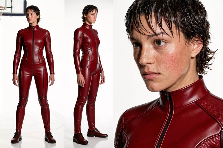 Character in a red suit, turnaround