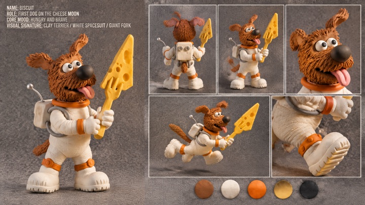Clay astronaut dog character sheet