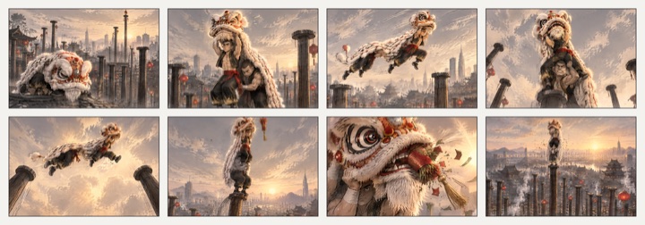 Eight-panel grid of a lion dance on rooftop pillars