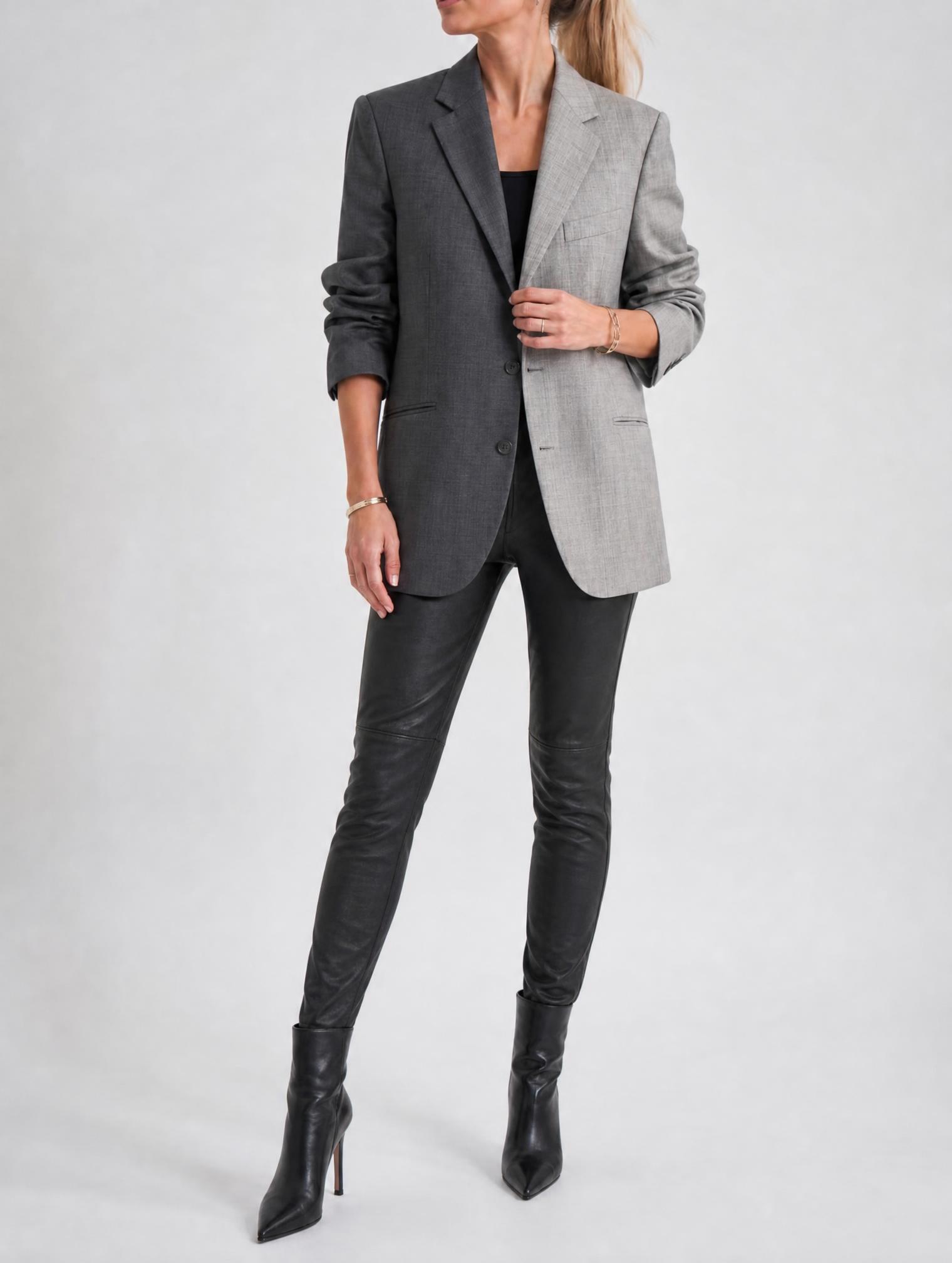 Two-Tone Grey Tailored Blazer – Longline Double-Button