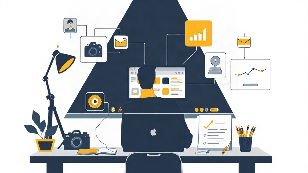 Creator reviewing a membership business workflow beside a camera, products, notebook, and laptop