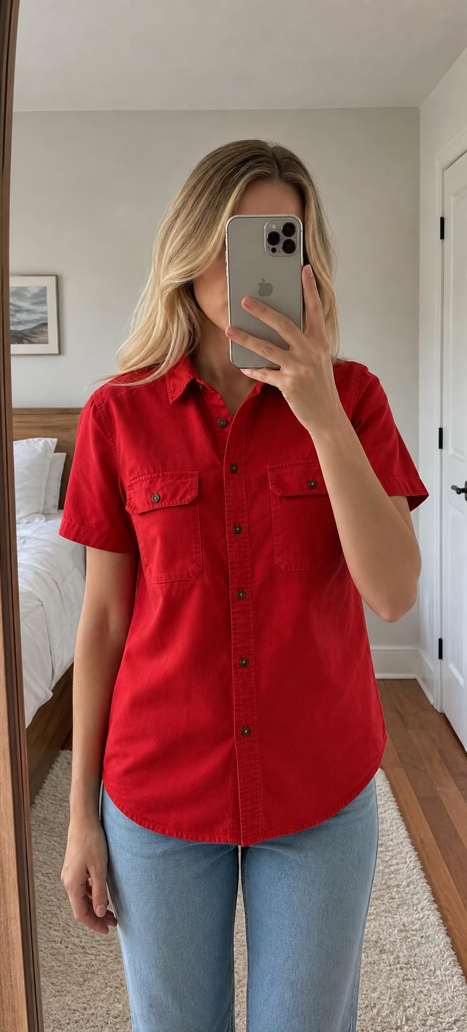 Red Short-Sleeve Utility Shirt with Double Pockets