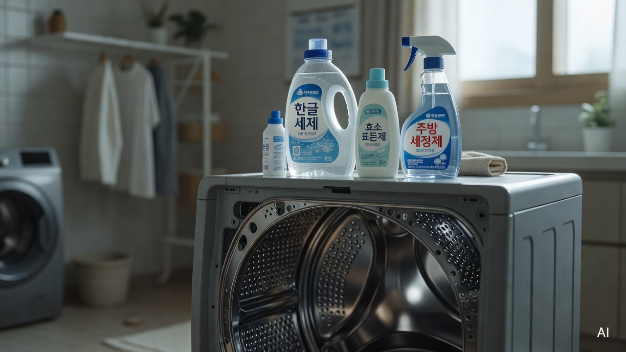 laundry machine drum interior with cleaning product bottles placed on top of the machine