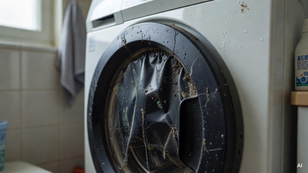 close-up of drum washing machine rubber seal with visible grime buildup