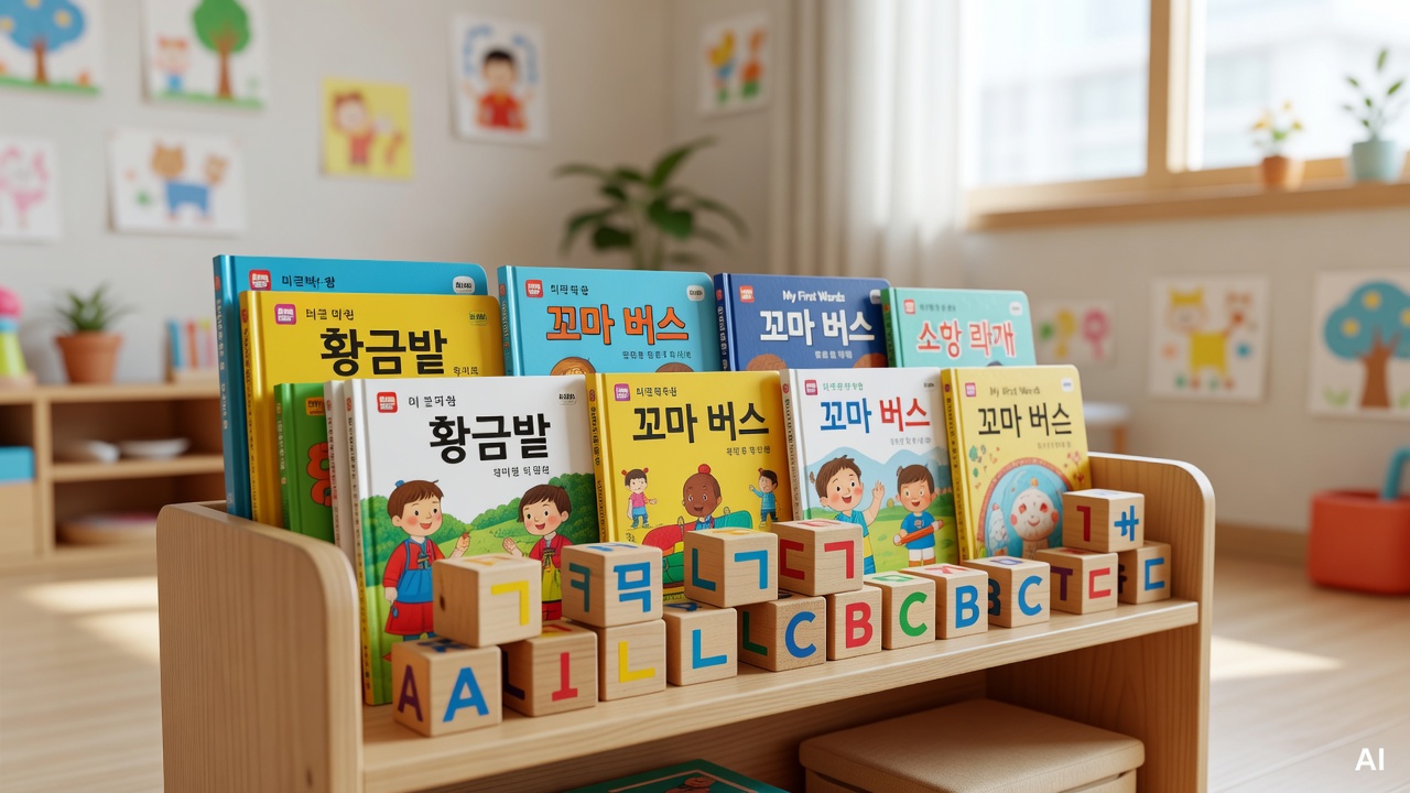 colorful children's picture books and wooden alphabet blocks arranged on a low wooden shelf in a bright playroom