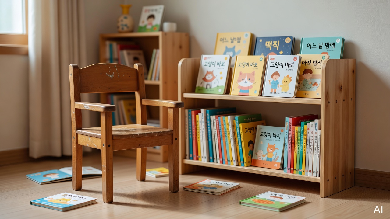 small wooden chair and a low bookshelf with board books in a quiet, softly lit children's corner