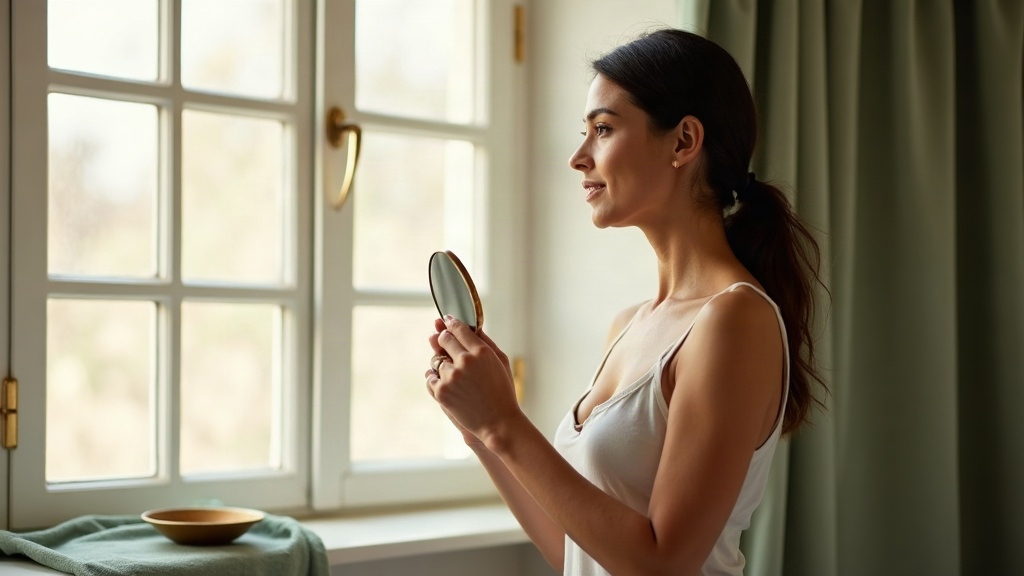 Woman in a white tank top with her hair in a ponytail holds a small hand mirror by a bright window with green curtains.