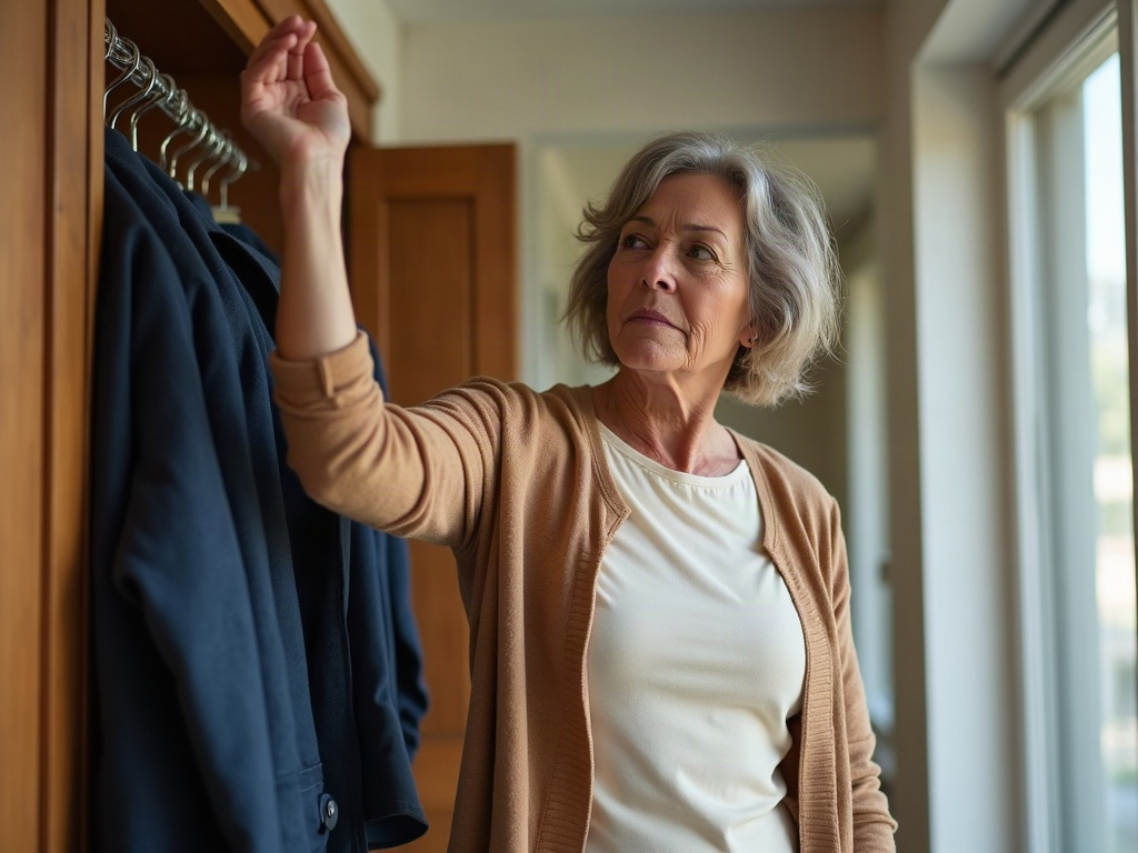 Middle-aged woman with gray hair in a tan cardigan reaches one arm up toward clothes hanging in a wooden closet.