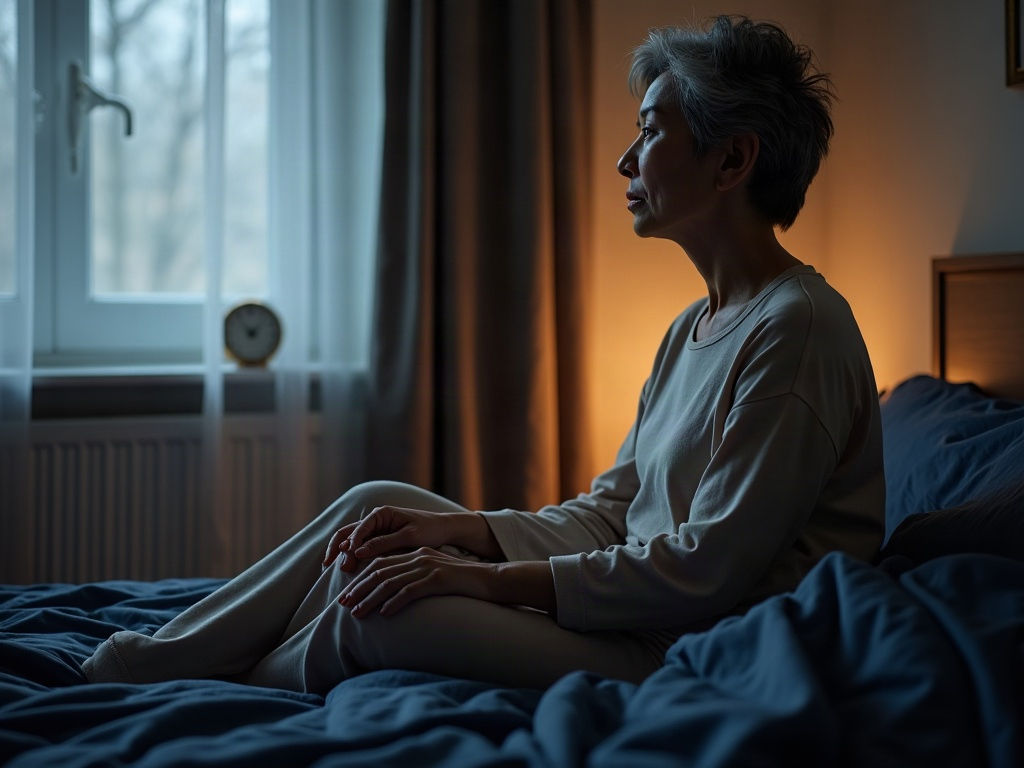 A woman with short gray hair sits on an unmade bed in a dim bedroom, hands on her knee, gazing toward a window.