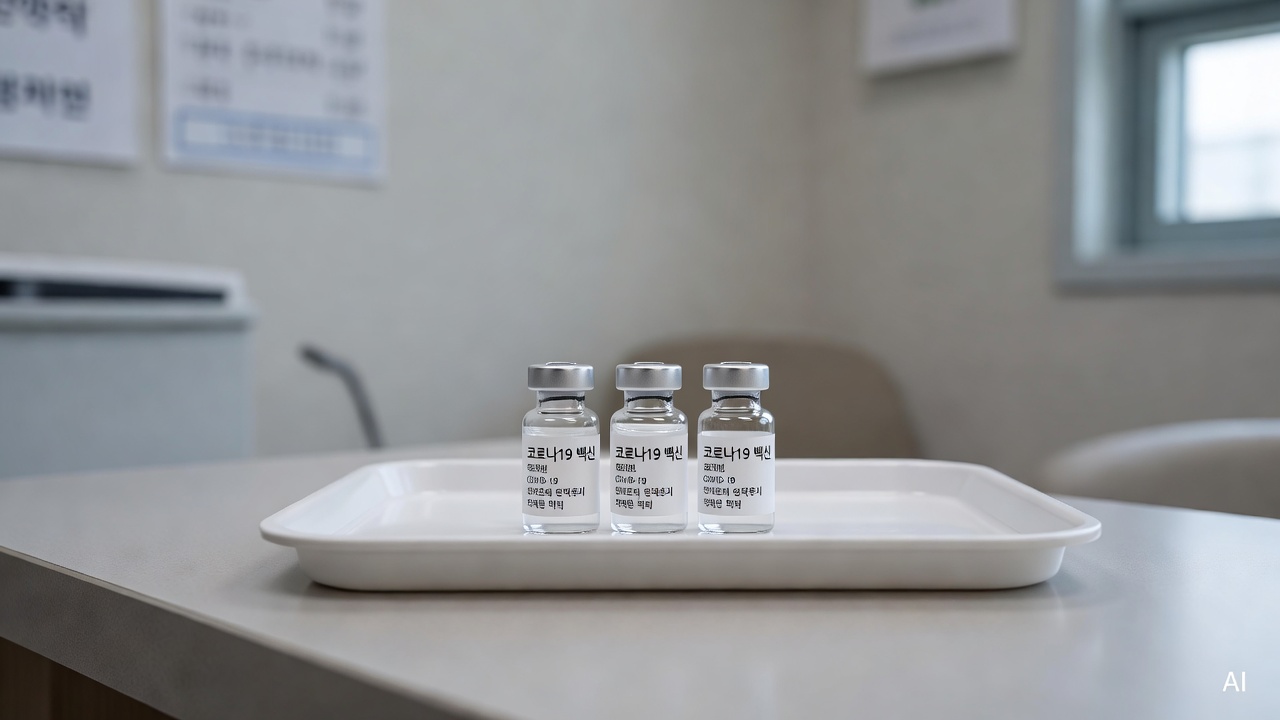 three vaccine vials lined up on a white medical tray in a clinic