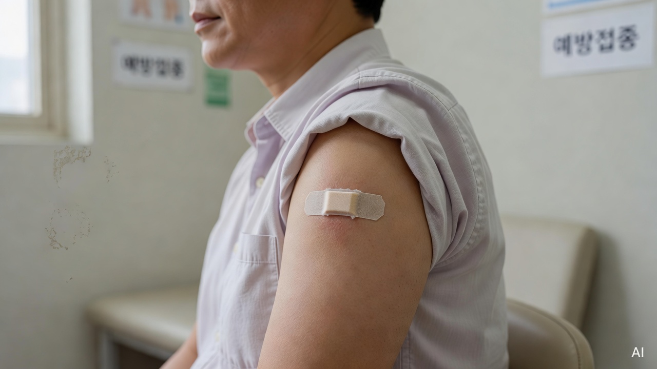 a person's upper arm with a small bandage after vaccination, neutral clinic background