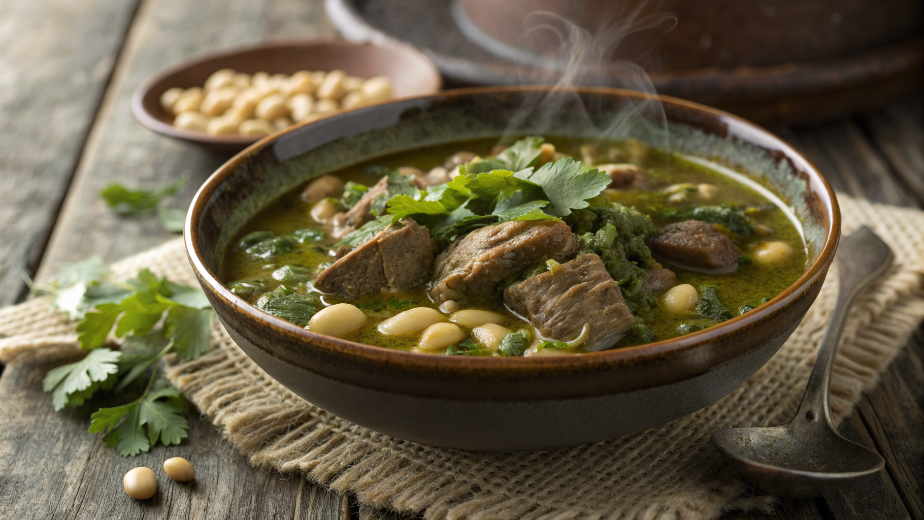 Bowl of Peruvian lamb stew seco de cordero con frejoles with green cilantro sauce and creamy beans, garnished with cilantro.