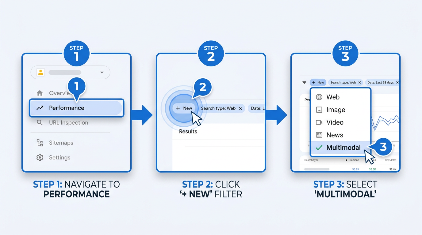 Step-by-step diagram for applying the multimodal search Search Console filter