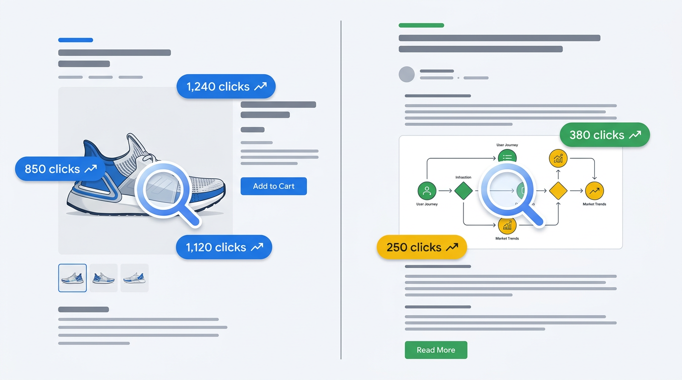 Split-screen comparison of product page and blog post multimodal search click performance