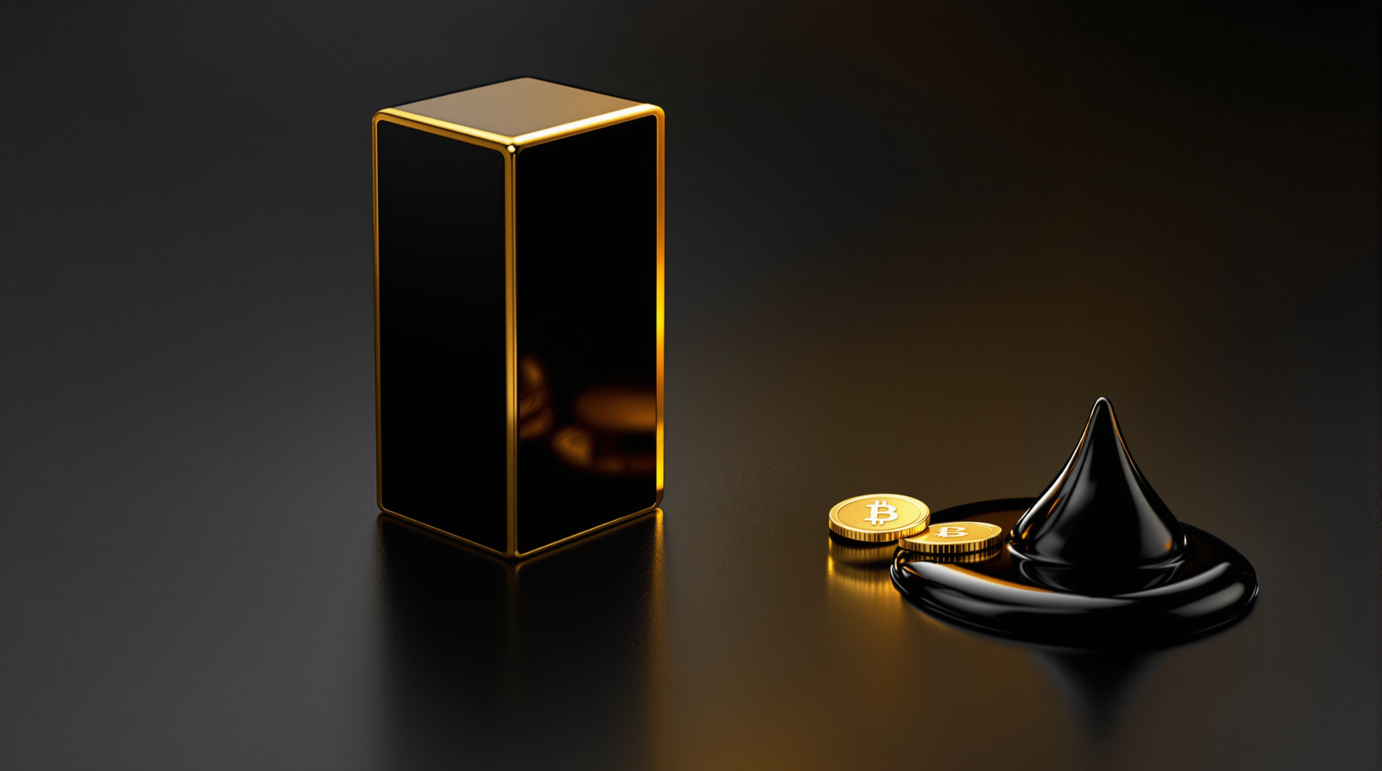 A polished matte-black obelisk with thin gold edges rising from a reflective black plane; a single gilded gold coin balanced on its rim, slightly tipp — editorial cover artwork for the Knightron story on Treasury Yields Hit Multi Decade Highs As Fed Signals Furthe
